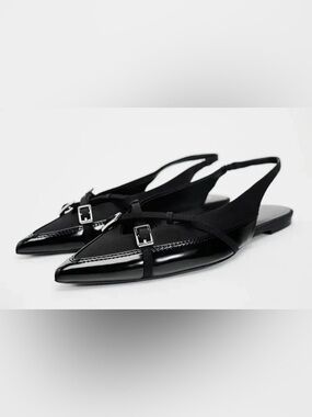 NWT Zara Women's Black Slingback Buckle Flats 9